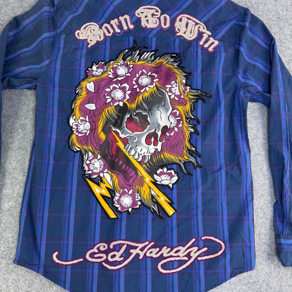 Vintage Y2K Ed Hardy Mens Blue Plaid Born To Win Embroidered Skull Shirt L - Picture 4 of 11